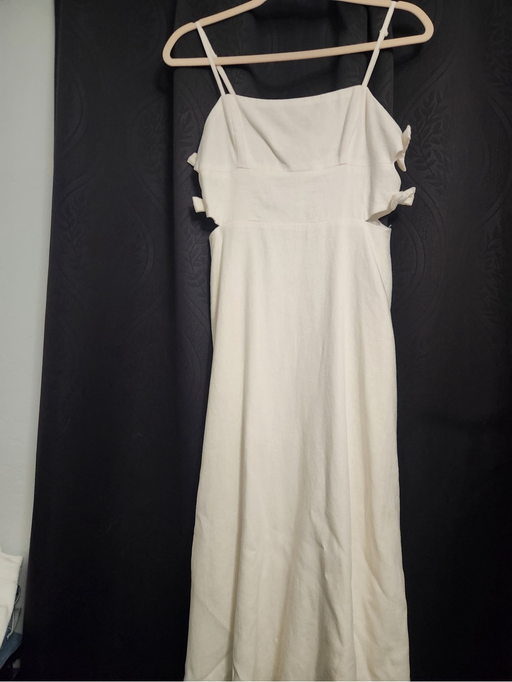 Wayf Cream Midi Dress with Spaghetti Straps and Side Bow Details